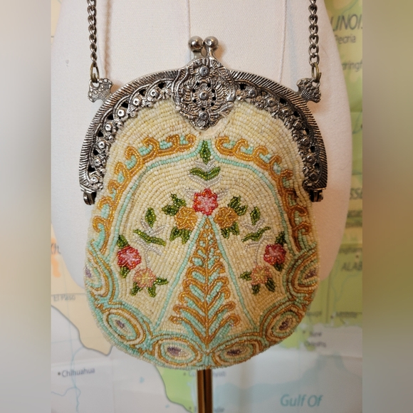 Handbags - Vintage Beaded Floral Handbag Beautiful Colors, Pink, Green, Blue, and Gold